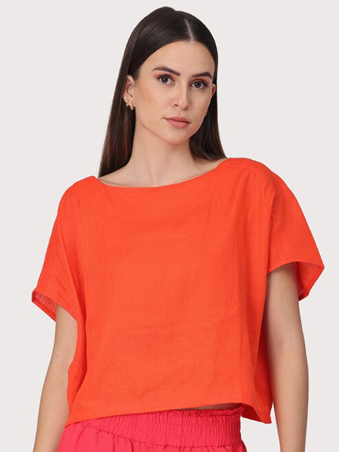 

Proyog Women Orange Linen Boxy Top