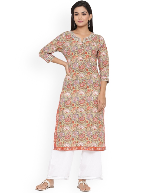 

mirari Women Green & Orange Floral Printed Floral Kurta