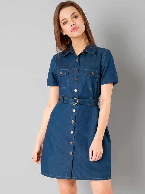 

FabAlley Women Blue Denim Solid Shirt Dress