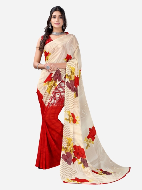 

KALINI Cream-Coloured & Red Floral Poly Georgette Saree
