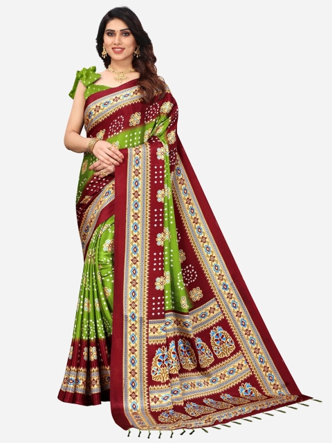 

KALINI Olive Green & Red Bandhani Printed Poly Silk Sarees
