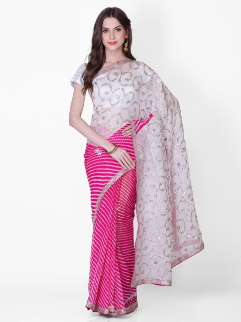 

Geroo Jaipur Hand Dyed White& Pink Leheriya Georgette Sustainable Saree