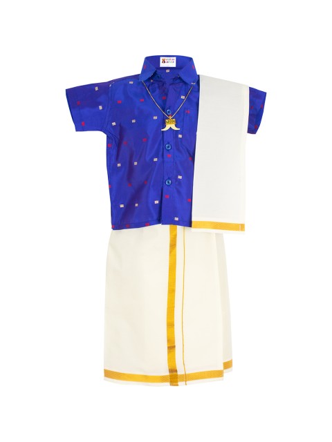 

AMIRTHA FASHION Boys Blue & Cream-Coloured Embellished Shirt with Dhoti Pants