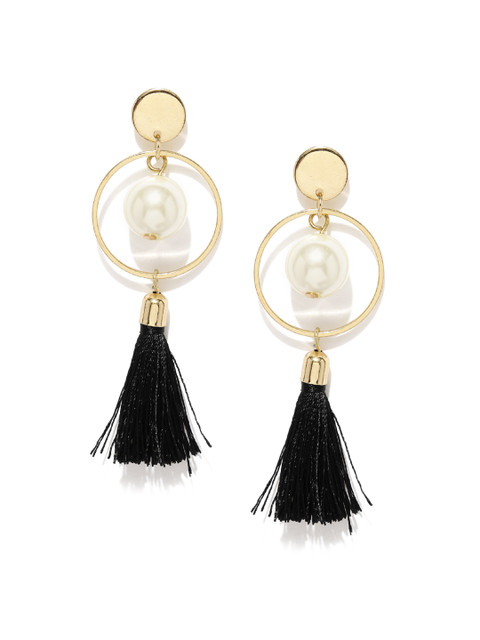 

OOMPH Gold-Toned & Black Beaded Drop Earrings with Tassels