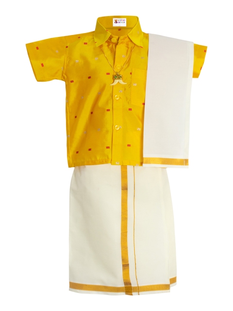 

AMIRTHA FASHION Boys Gold-Toned & Cream-Coloured Embellished Shirt with Dhoti Pants
