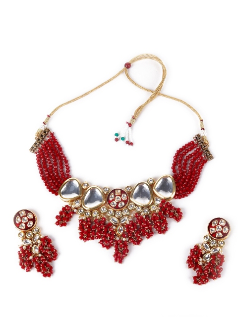 

ODETTE Gold-Toned Red & White Stone Studded & Beaded Jewellery Set