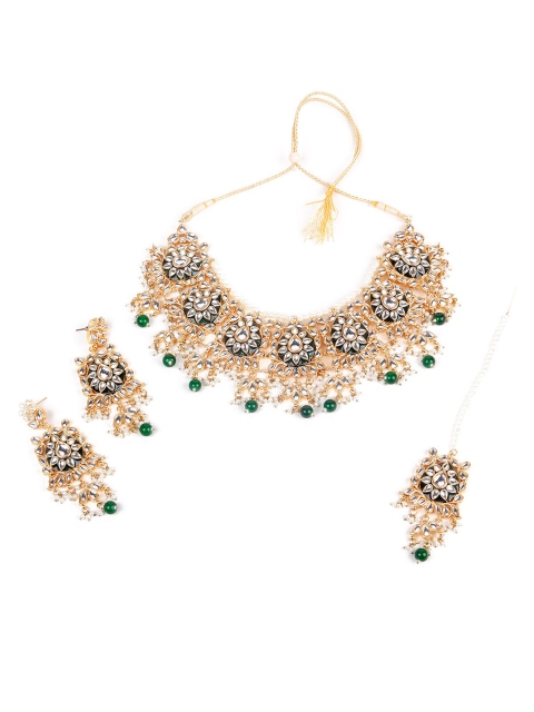 

ODETTE Gold-Toned Green & White Kundan-Studded & Beaded Jewellery Set With Maang Tika