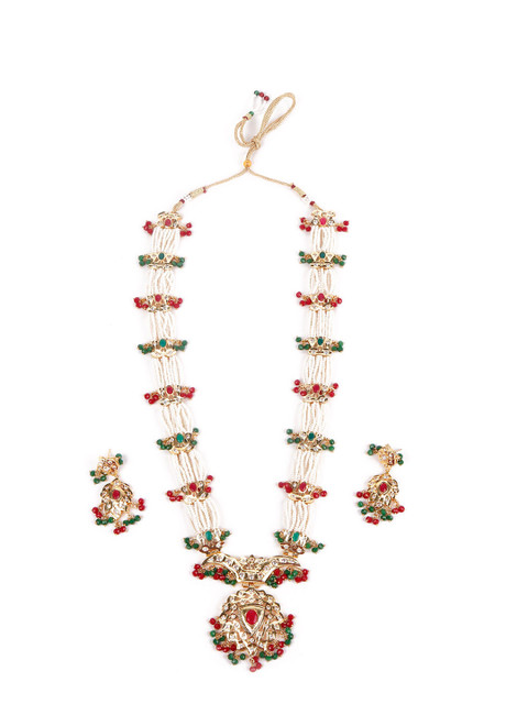 

ODETTE Gold-Toned Green & Red Stone Studded & Beaded Jewellery Set