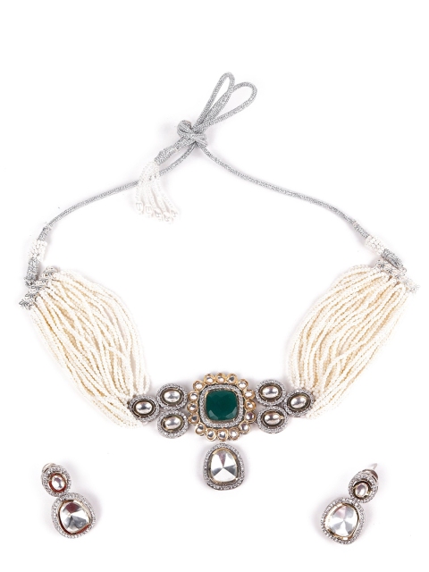 

ODETTE Gold-Toned White & Green Stone-Studded & Beaded Jewellery Set