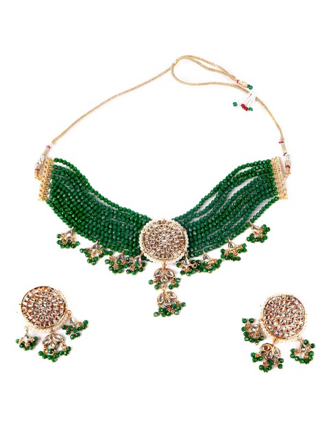 

ODETTE Gold-Toned Green & White Stone Studded & Beaded Jewellery Set