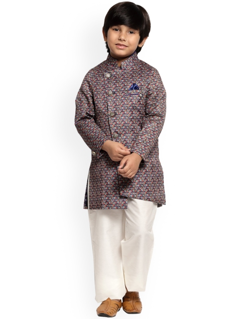 

MAXENCE Boys Navy Blue & Red Printed Silk Sherwani