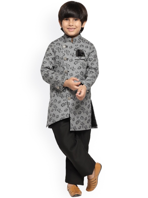 

MAXENCE Boys Black & White Printed Sherwani Set