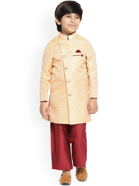 

MAXENCE Boys Gold Colored & Red Printed Sherwani Set