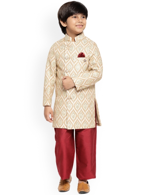 

MAXENCE Boys Gold-Coloured & Red Printed Silk Sherwani