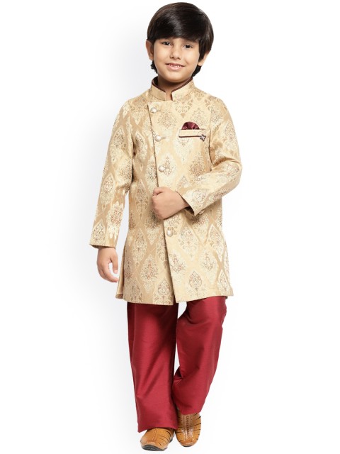 

MAXENCE Boys Gold-Coloured & Red Printed Silk Sherwani