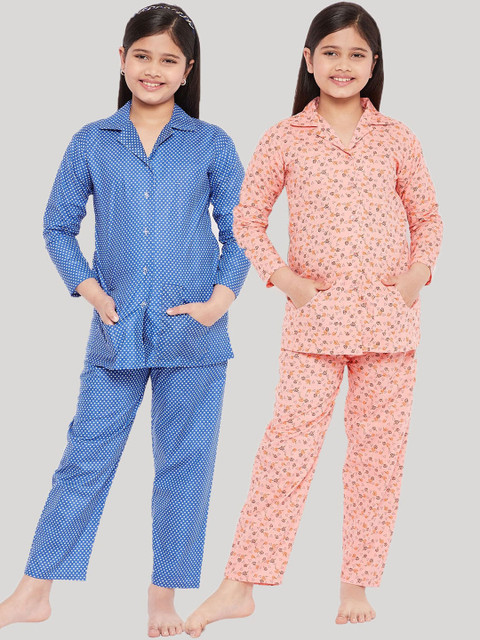

KYDZI Girls Pack Of 2 Peach-Coloured & Blue Printed Pure Cotton Night suit
