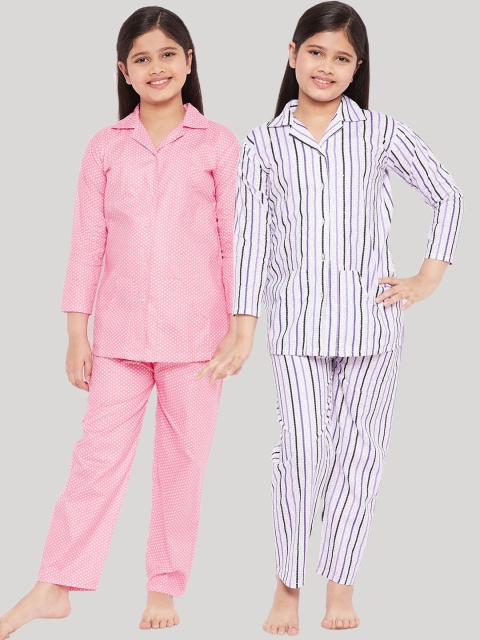 

KYDZI Girls Purple & Pink Striped Pure Cotton Night Suit Pack Of 2