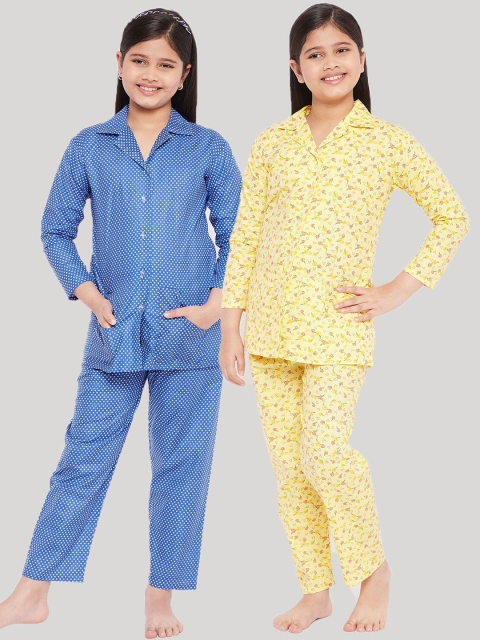 

KYDZI Girls Pack of 2 Yellow & Blue Printed Night suits