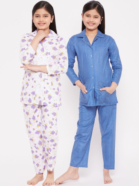 

KYDZI Set Of 2 Girls Blue & White Printed Pure Cotton Night suit