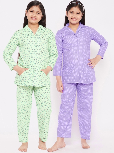 

KYDZI Girls Violet & Green Printed Pure Cotton Night Suit Pack Of 2