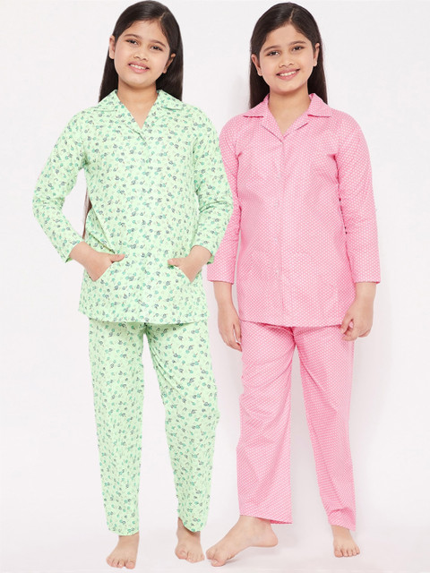 

KYDZI Girls Pink & Green Printed Night Suit