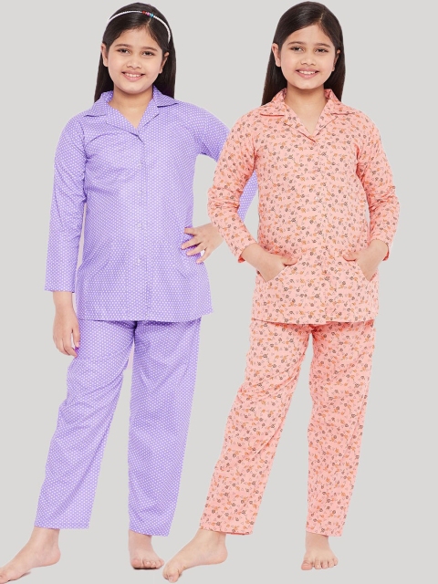 

KYDZI Girls Pack Of 2 Purple & Peach-Coloured Printed Pure Cotton Night suit