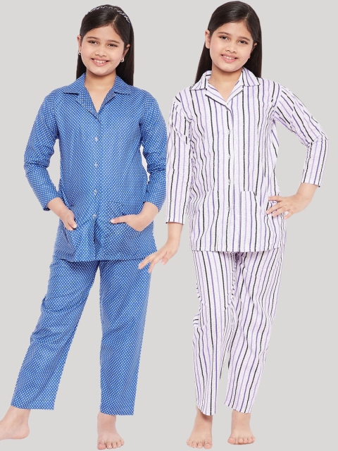 

KYDZI Girls Pack of 2 Blue & Purple Printed Pure Cotton Night suit