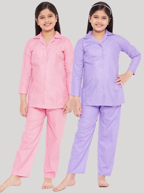 

KYDZI Girls Pink & Purple Printed Cotton Night Suit