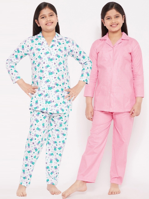 

KYDZI Girls Pack Of 2 White & Pink Printed Pure Cotton Night suit