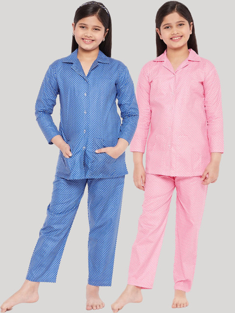 

KYDZI Girls Pack Of 2 Blue & Pink Printed Pure Cotton Night suit