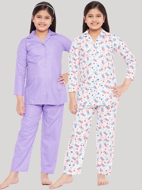 

KYDZI Girls Pack Of 2 Purple & White Printed Night suit