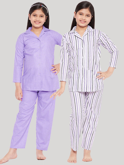 

KYDZI Girls Purple & White Striped Pure Cotton Night Suit Pack Of 2