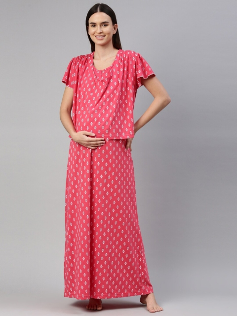 

GOLDSTROMS Women Peach & White Printed Maxi Feeding Nightdress