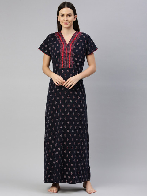 

GOLDSTROMS Navy Blue & Red Printed A-Line Maxi Nightdress
