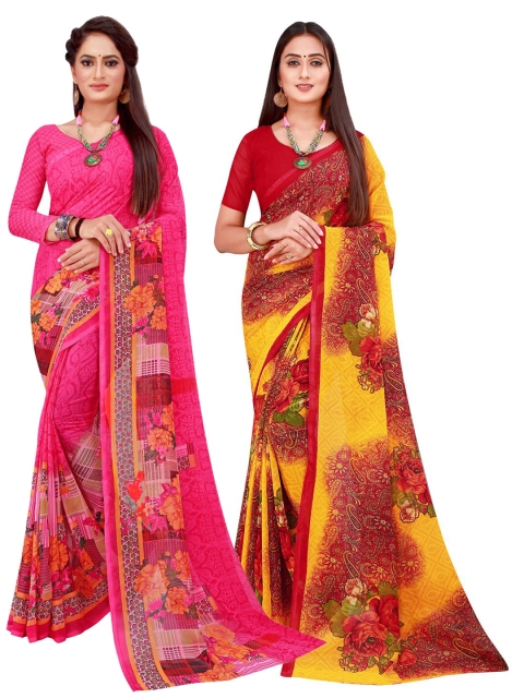 

KALINI Pack Of 2 Magenta & Orange Floral Pure Georgette Sarees