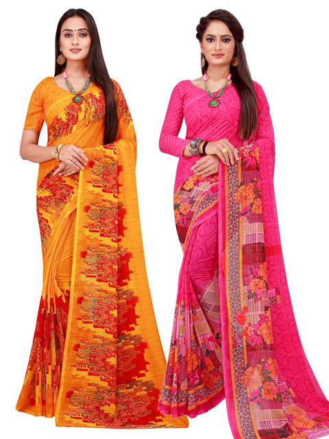 

KALINI Pack of 2 Orange & Magenta Floral Pure Georgette Sarees