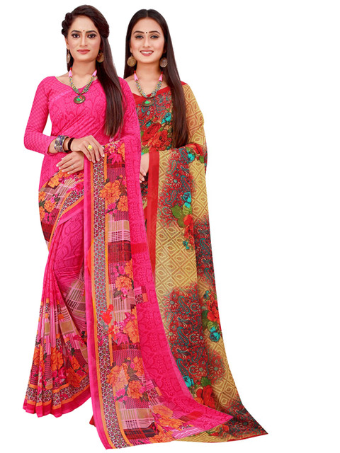 

KALINI Red & Magenta Set of 2 Floral Printed Georgette Saree