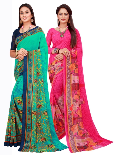 

KALINI Green & Magenta Floral Printed Pure Georgette Saree Pack Of 2