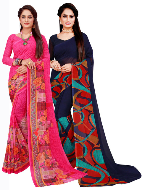 

KALINI Pack Of 2 Navy Blue & Magenta Floral Pure Georgette Saree