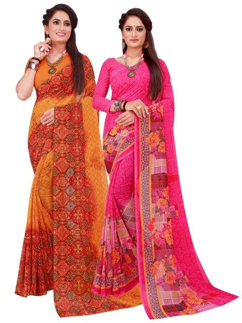 

KALINI Pack Of 2 Orange & Magenta Floral Pure Georgette Sarees
