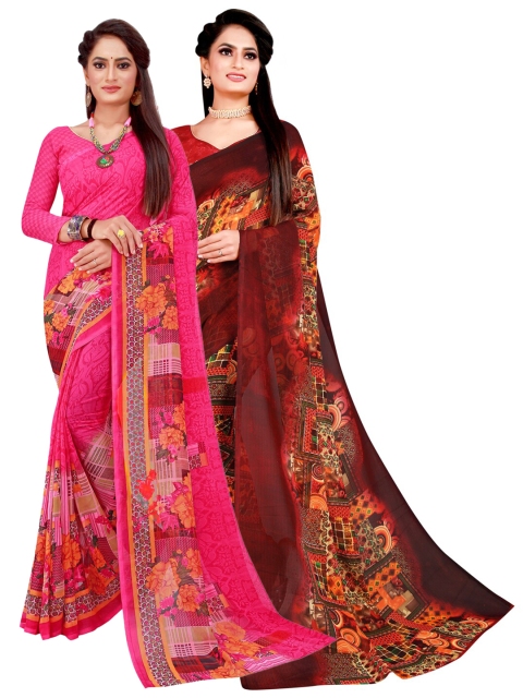 

KALINI Pack Of 2 Magenta & Brown Floral Pure Georgette Saree