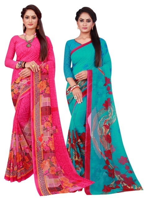 

KALINI Pack of 2 Magenta & Turquoise Blue Floral Pure Georgette Sarees