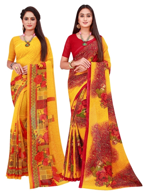 

Florence Set Of 2 Yellow & Maroon Floral Pure Georgette Saree