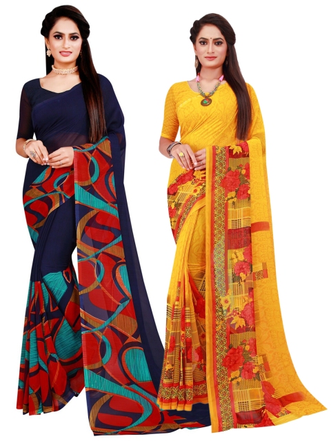 

Florence Pack Of 2 Navy Blue & Yellow Pure Georgette Saree