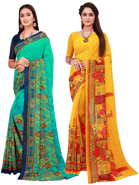 

Florence Green & Yellow Set Of 2 Floral Pure Georgette Saree
