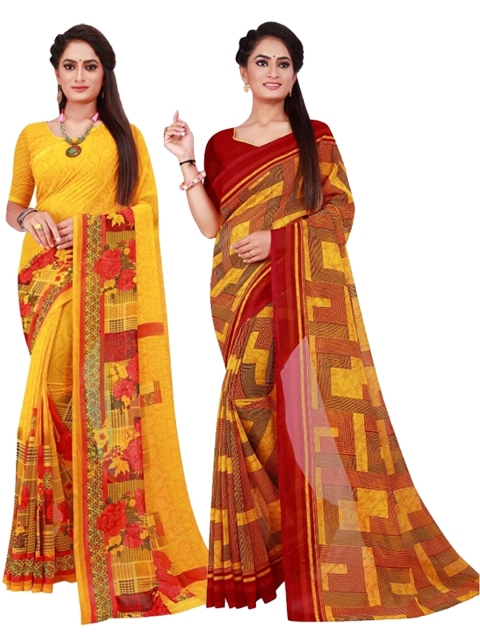 

Florence Pack of 2 Maroon & Yellow Floral Pure Georgette Sarees