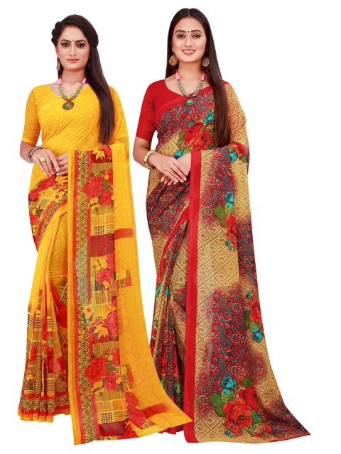 

Florence Yellow & Beige Printed Pure Georgette Saree Pack Of 2