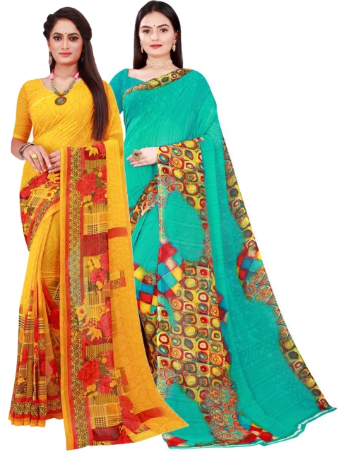 

Florence Yellow & Green Set of 2 Floral Printed Georgette Saree