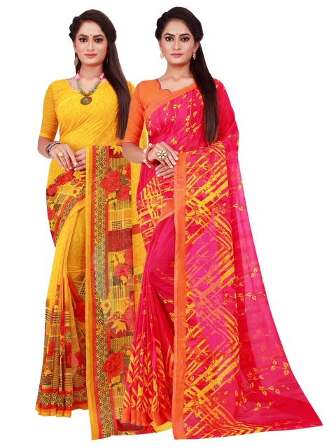 

Florence Set Of 2 Yellow & Magenta Floral Pure Georgette Saree