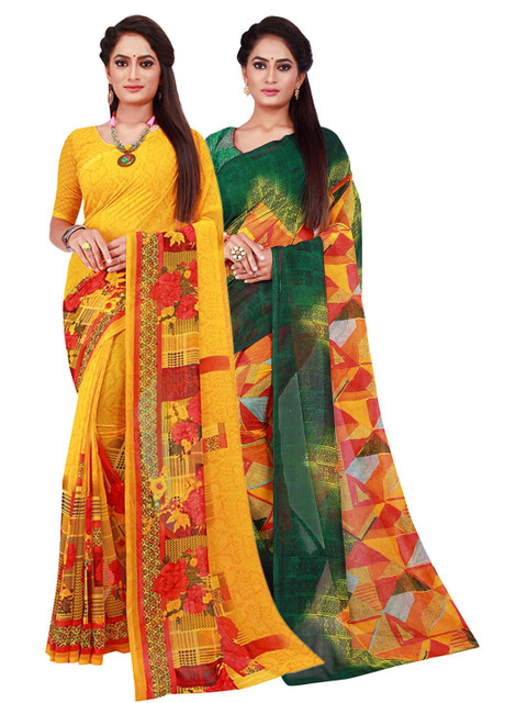 

Florence Yellow & Green Set of 2 Floral Printed Georgette Saree